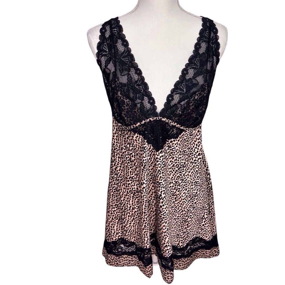 Jezebel Leopard Babydoll Camisole Mini Slip Dress XL Black Lace Lingerie